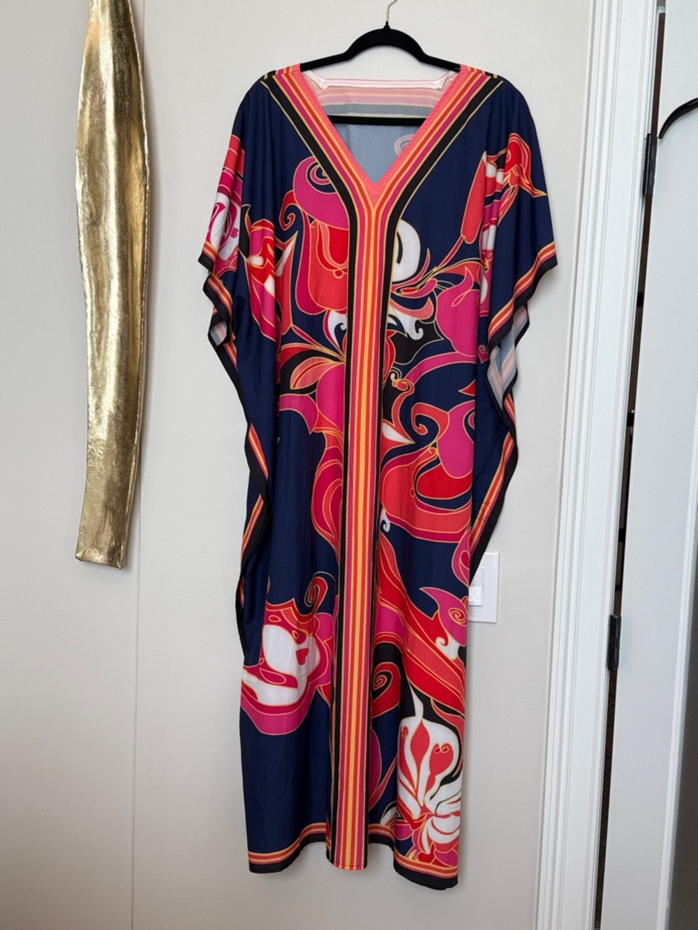 Navy Kaftan Cover-Up with Pink & Red Swirl Print